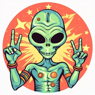 clipart of psychedelic happy alien holding up peace hand sign , cartoon style, vector, on a white background