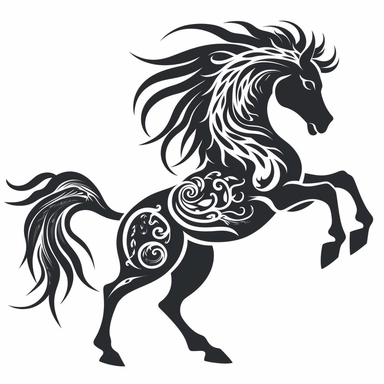 entire body dancing fire horse dragon. grinning. screaming. 4 legs. thrashing tail. profile view. black only, flat image, no shadows, no depth. black and white only. tribal animal clipart, laser cut design, white background, black cutout design
