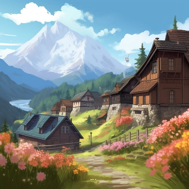 A german style village clipart, flowers, cozy, luminious, dramatic lighting, super detailed, daytime, Studio Ghibli, on a mountain, mountains in the background, during spring.