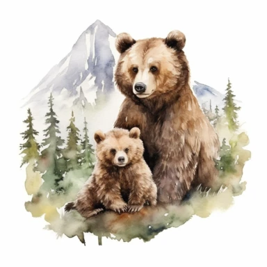 Watercolor cute brown mama bear sitting with cute brown baby bear, beautiful details, ultra detailed, ultra photo real intricate detailed, high definition, graphic clipart, hyper realistic, detailed, mountains and trees in background