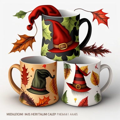 3 mugs clipart style, one mug with a christmas style with father christmas scarf and red christmas hat, one with a halloween style witches style hat and scarf, one with fall style leaf scarf and fall leaf hat