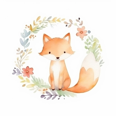 cute fox in a dainty minimalist floral wreath, watercolour, magical, kids art, clipart, isolated white background, 8k