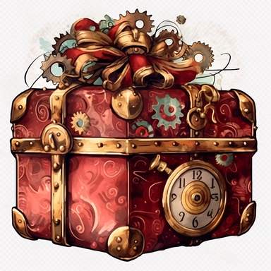 Steampunk Birthday Gift Box Clipart, crimson and gold color, Steampunk, watercolor, sweet, happy, high resolution, transparent white background no captions