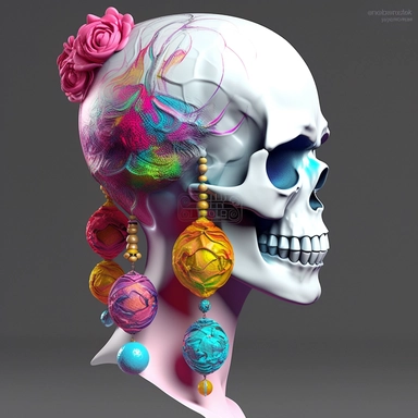 fantasy imagery sublimation colorful design of a female skull wearing long earrings 3d render clipart no words no fonts no letters