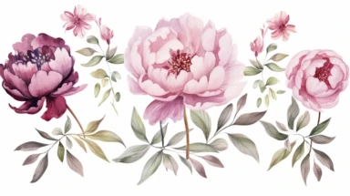 Watercolor flowers clipart. Peony floral set. Pink, white, burgundy flower and leaves. Illustration for greeting card, DIY wedding invitation, bridal showers, baby showers, printable home decor