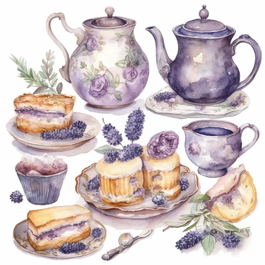 Watercolor lavander tea party items, illustrations clipart set, simple, soft colors, cartoon elements, different variants, teapot, sugar bowl, bun, jug of milk, cake stand, scones, china cup and saucer, , napkin, clotted cream, , knife, fork, jam, slice of cake on plate, tea cups, stacked teacups, lemondish, butter and bisciuits, , tea jars, knie, fork, spoon, butter, lemon, silver sncream cak, napkin, separate elements with a margin