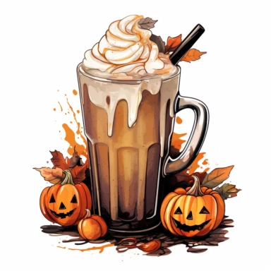 latte macchiato halloween themed, highly detailed color ink illustration, autumn season details, white background clipart 8k