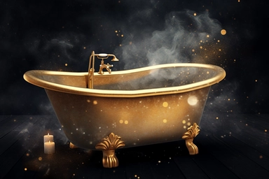realistic clipart gold bathtub in foggy enchanted outer space, digital painting