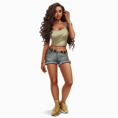 beautiful black teenage girl with beautiful long hair to her waist, dressed casually. Full perspective and, long shot A young black woman with full lips and a big beautiful smile, dressed in khaki shorts and a tank top, has long hair and beautiful shapely legs, wearing heels, clipart in the style of digital airbrushing, feminine sticker art, dollcore, realistic face, realistic body, glamorous,
