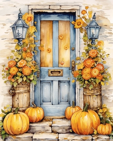 Whimsical watercolour clip art English cottage door, pumpkins, Yellow rose