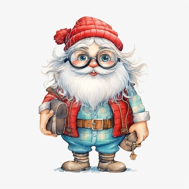 santa smile and cute big eyes wear big glasses full body , backpack gift and gift bag , cute funny laugh detailed digital art, whimsical and cute, cute detailed artwork, glimmering, adorable and whimsical, whimsical art, watercolor Clipart style