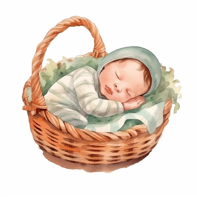 watercolor clipart, minimal, cute newborn baby sleeping in a basket, pastel color, white background illustration