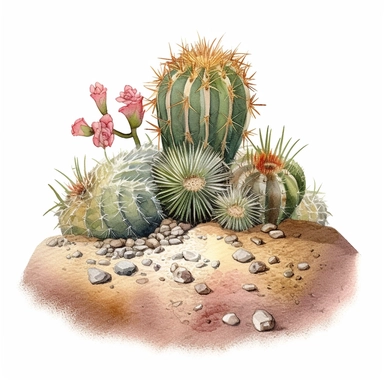 Echinocactus cactus, planted in the earth, dreamcore, clipart, inside border