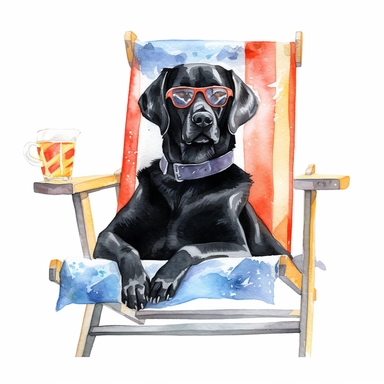 black Labrador retriever laying on beach chair, getting a sun tan, wearing sunglasses, summertime, relaxing, cool dog, watercolor, white background, unbothered, clipart