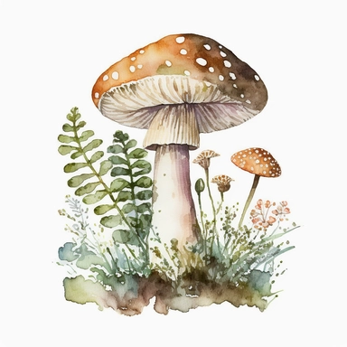woodland mushroom, archive illustration, cute, watercolor, white background, clipart