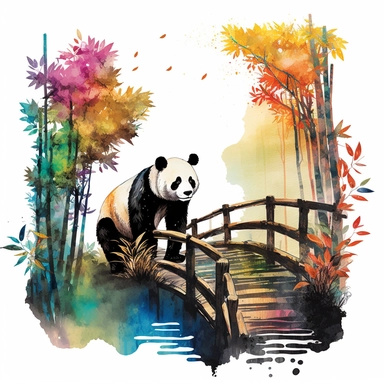 watercolor colourful, clipart Asia, bamboo, panda, bridge, landscapes, digital illustration, 8k, hd 1:3 v5