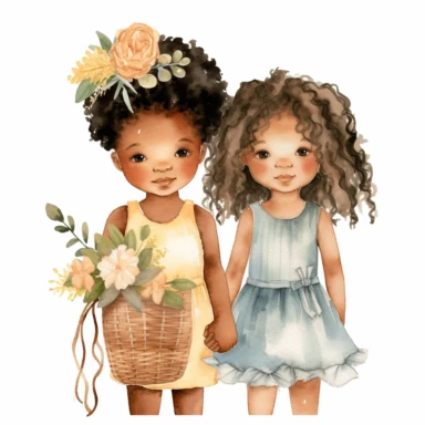 pretty African American children's nursery style water color clipart, 2 cute kids, wearing boho style clothing realistic digital art, white background, s1000