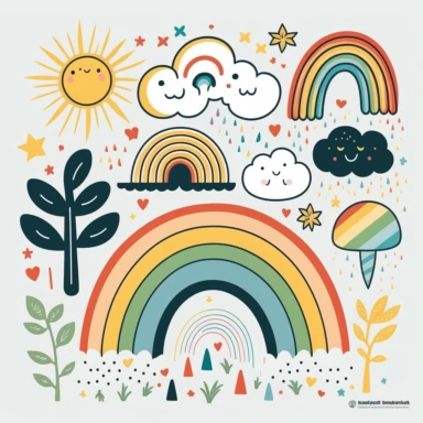 simple vector drawing of a rainbow, clipart, basic shapes, solid colors, joyful, doodle, sticker design, lineart, 2d flat file, silhouette, svg cut file