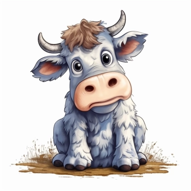 Cute Beautiful Funny sulk cow is sitting Full body Sublimation Clipart,Cartoon,hyper realistic, intricate detail, illustration style,high solution,on the white background