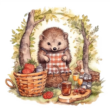Happy Picnic Hedgehog Sublimation Set, outline watercolor hand draw Illustration clipart, 4K, extremely detailed