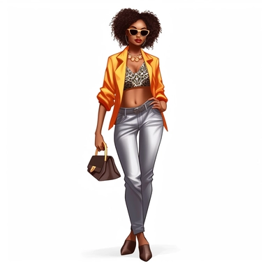 realistic illustration of Fashion-forward African American woman: Illustrate a clipart of a stylish African American woman wearing fashionable clothing and accessories. Showcase her confidence and individuality through her outfit and pose. clipart, isolated on white background, 4K