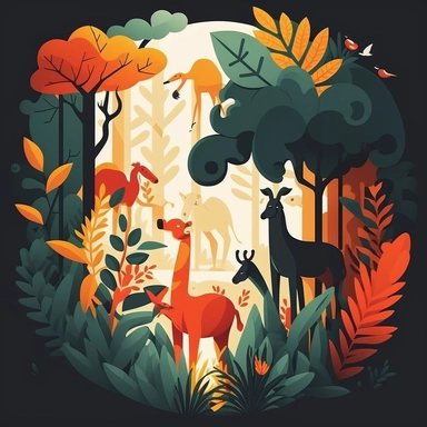 Create a vector graphic illustration of clipart animals interacting in a vibrant jungle scene. The style should echo modern flat design principles, simple yet visually engaging. The setting is well-lit, like a clear, sun-filled day, highlighting the bold primary and secondary colors of the animals and foliage. The composition is a medium shot, focusing on the playful interactions between different animals. white background