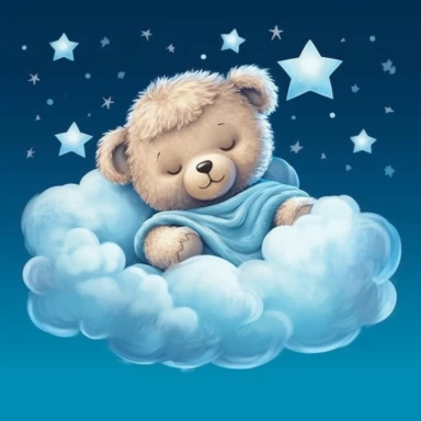 ultra detailed cute baby Teddy Bear taking a nap on clouds, Clipart, moon and stars on the background, super adorable
