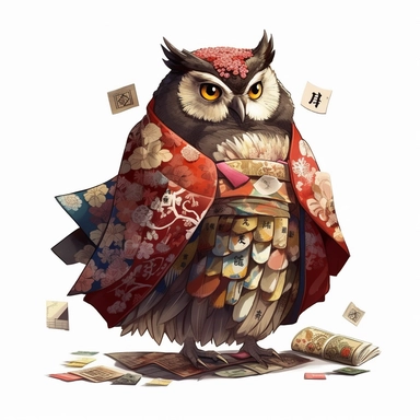 clipart, an owl in a kimono stands and counts a large wad of money, very detailed, shadows, white background