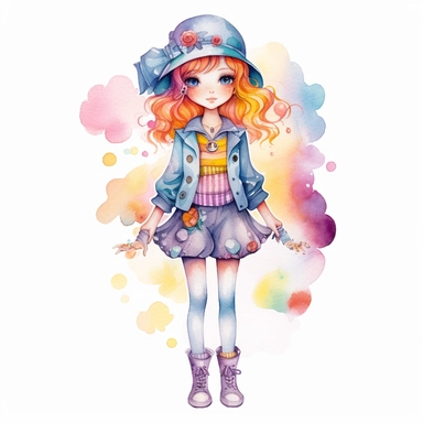 a cute clipart,unique outfit , different breed , full body , unique pose, unique outfit , white background , watercolors image, unique and vibrant , no other elements, clean shapes ,center and middle, cute