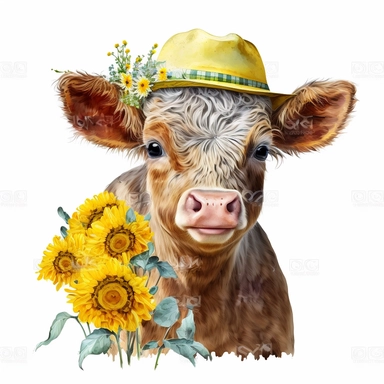 Vibrant watercolor clipart: highland baby calf amidst sunflowers, spring flowers, wearing hat, glasses, and scarf. Serene beauty. HD. Isolated on white. No text. Resolution: