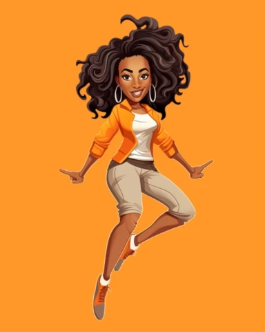 Cartoon African American Kelly Rowland black girl magic Norman Rockwell style Clipart Full body shot from head to toe centered Brown skin African American black girl magic Kelly Rowland version with messy bun, the boss lady clipart , vector art image, in the style of feminine interiors, video collages, aquarellist, whitcomb-girls, bright summer colors, kitty lange,