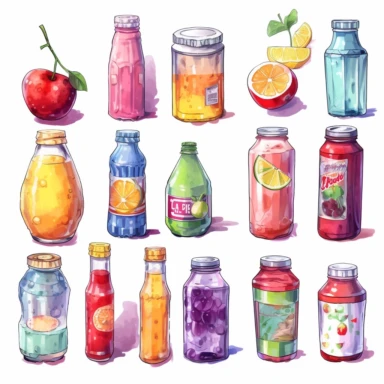 watercolor, Cold drinks set. Soda water, sweet fizzy beverages, fruit cocktails, juices, and lemonades in glass and plastic bottles, aluminum cans, and tins. png Full body realistic cartoon in 32K UHD cute. 15 cm thick outline. Black color. There was no shadow on the ground. 8k with realistic watercolors and detailed illustrations. PNG clipart, transparent white background