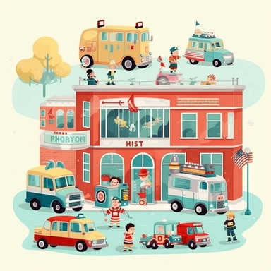 City, police station, hospital, fire department, ambulance, cars flat vector clipart, nursery decor, small child, cute, children room deco