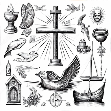 a black and white vector drawing of a variety of protestant christian objects including Crosses, Bibles, Fish symbols, Ichthys, Dove symbols, Chalice and bread, Anchors, Flames, Crown of thorns, Lilies, Roses, a detailed drawing inspired by Josef Navrátil, Anno Domini, black and white vector art, clipart, highly detailed vector art, coherent, white background