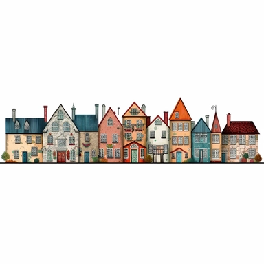 a row of quirky english countryside houses, colorful, clipart on white background
