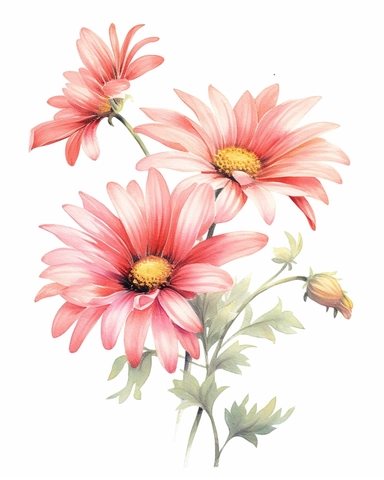 detailed watercolor pink daisy corner border , isolated on white background, realistic, clipart