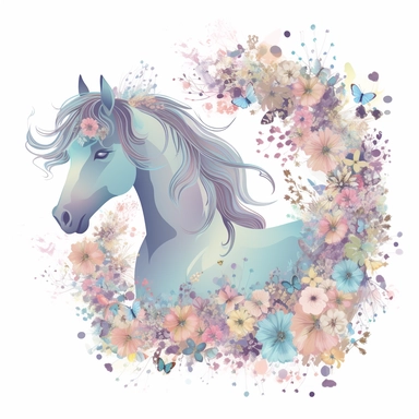 A horse clipart design for girls with a soft and girly color palette of pastel colors like pink, purple and blue to create a dreamy atmosphere. The horse itself is majestic and has a long flowing tail and mane that move in the wind. Flowers and butterflies surround the horse and give the design a romantic touch