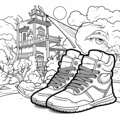 Coloring Page of Sneaker Ninja Quest: Depict sneakers training as ninjas and embarking on a mission to protect their village, showcasing stealth and martial arts skills, Doodle Art, LSD, Simple Design,Clipart black and white, Flat Vector