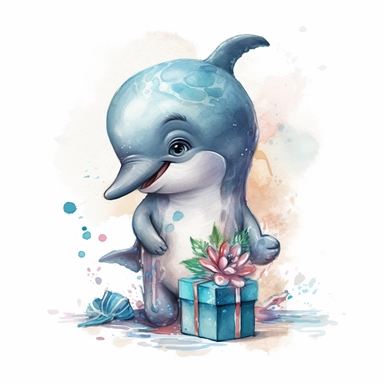 happy cute baby dolphin for kids playing with funny items, cartoon, highly detailed, watercolor, clipart, illustration, digital painting, paper crafting, no signature, no text