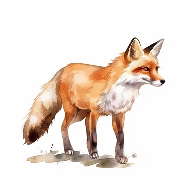 watercolor walking happy fox clipart, side view, cartoon style, simple style, white background