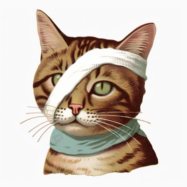 Vintage 1920 tabby cat with one eye closed & bandage Illustration, Chromolithograph, 1920s Illustration, Vintage, Chromolithograph, Colorful, Antique, Ephemera, Clipart, 8k, Isolated on white
