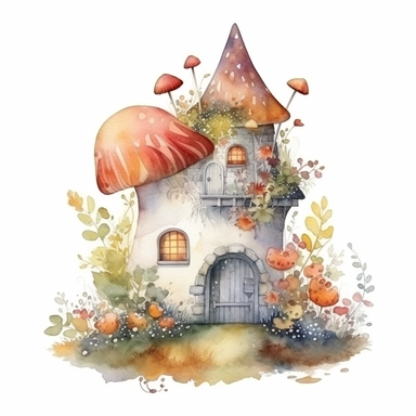 Watercolor illustration of fairy home in flowers, 2d asset, isolated cozy object on white background, fall cozy colors, white background, watercolor, hyperrealism, high detail, isolated elements, clipart