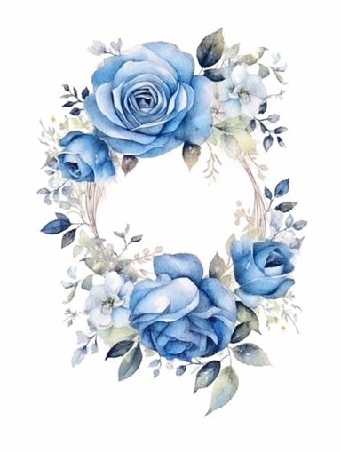 vintage beautiful victorian shabby chic blue roses frame on white background, blue theme, watercolor illustration, clipart