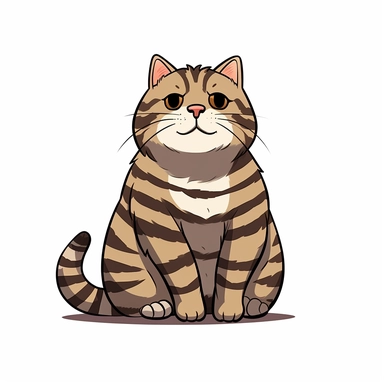 Cute cartoon happy cat, overweight dark STRIPED brown tabby cat with big ears, A LOT OF TIGER black strips, brown fur, brown chest, dark brown eyes, full body sitting, white background, clip art, vector graphic