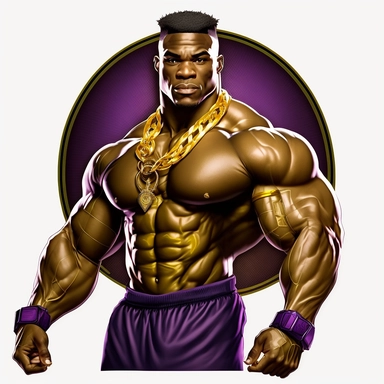 clipart image, logo, African American, bodybuilder, gold necklace, purple and gold gym suit