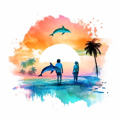 Watercolor People On Beach Ocean Dolphins, Retro Sunset Clipart Colorful and white Background