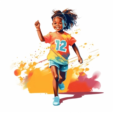 A happy young child, track and field, cool training clothes, numbers, vector style graphic, positive vibe, clipart, single design, white background