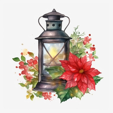watercolor Christmas card with a lantern, poinsettias, and fir branches Handpainted holiday composition with flowers Full body realistic cartoon in 32K UHD cute. 15 cm thick outline. Black color. There was no shadow on the ground. 8k with realistic watercolors and detailed illustrations. PNG clipart, transparent white background
