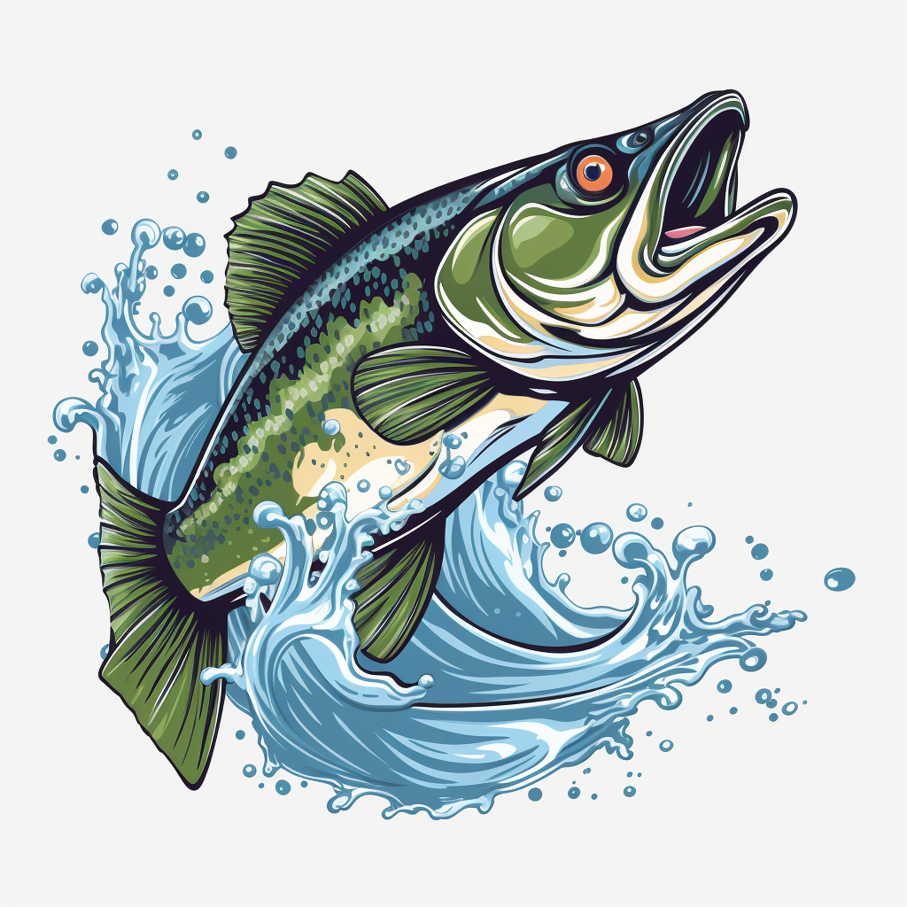 fish largemouth bass fishing clipart , graphic illustration, long fish,  jumping sea bass, open mouth, white yellow