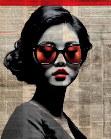 a newspaper clip art illustration with a red eye for an asian woman wearing black sunglasses, in the style of large-scale murals, dark palette chiaroscuro, movie poster, mori kei, captivating documentary photos